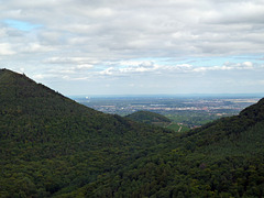 Pfälzerwald, Rebhänge Rheinebene, und im Hintergrund das AKW Philipsburg