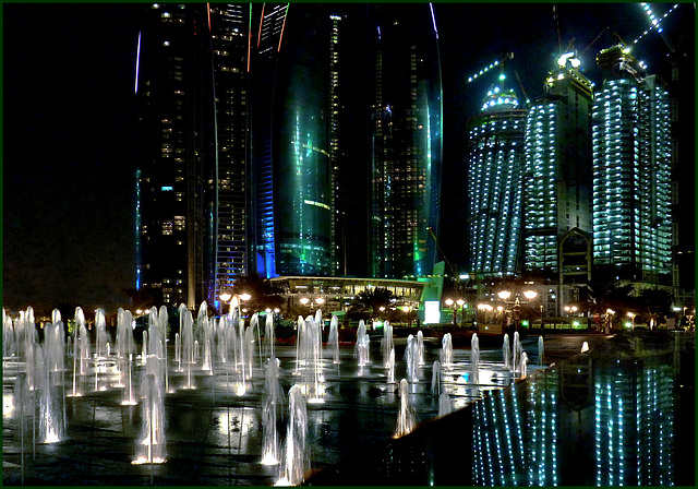 AbuDhabi : Ethiad Towers view and fountain by night from the Governator palace  Sheikh Zayed
