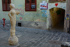 Romania, Brașov, Sculpture Showing the Entrance to Sforii Street from Cerbului Street