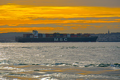 Container ship passing Ryde in the Solent enroute to Southampton