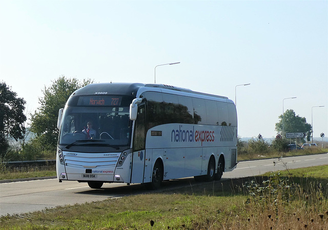 Lucketts Travel (NX owned) X5609 (BU18 OSK) on the A11 at Barton Mills - 9 Oct 2021 (P1090693)