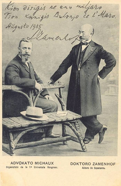 d-ro Zamenhof kun Alfred Michaux. organizinto de la 1-a UK - poŝtkarto, 1905