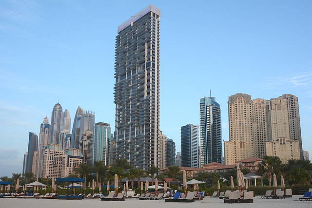 U.A.E., Dubai, JBR Beach and Skyscrapers