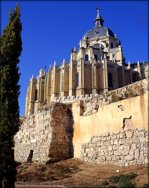 Madrid, Almudena Cathedral and the earliest (Muslim) walls.