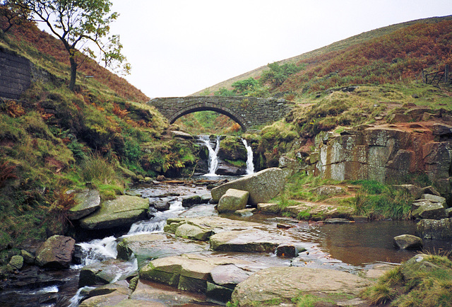 Packhorse Bridge over the River Dane at Three Shires Head (scan from October 1990)