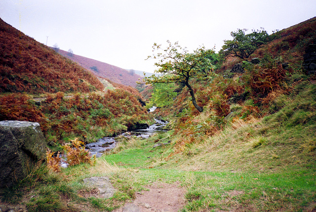 Looking upstream along the River Dane at Three Shires Head (scan from 1990)