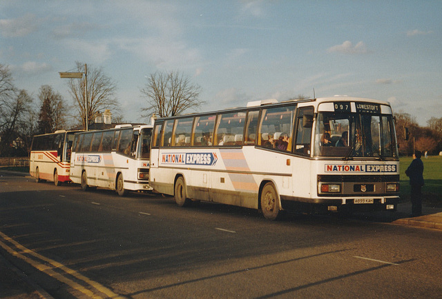 National Express service coaches at Newmarket – 18 Feb 1990 (111-9)