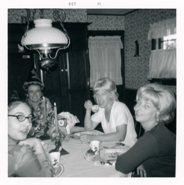 Halloween Get-Together with Owl Centerpiece and Witch Hat, October 1971