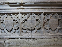 erwarton church, suffolk  (39) heraldry on an early c15 tomb chest under an unrelated effigy