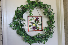 Green Summer Wreath~~~~  A grand daughter gave me the Humming Bird plaque :))