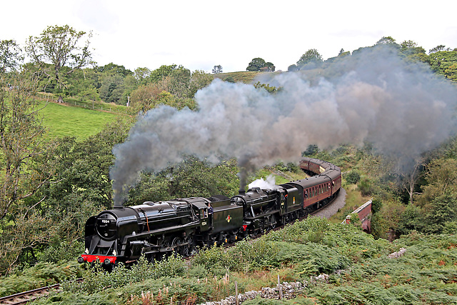 B.R. standard class 9F 9213+stanier LMS class 8F 48305 passing Darnholme with the 10.35 Gromont - Pickering service NYMR 25th September 2021.