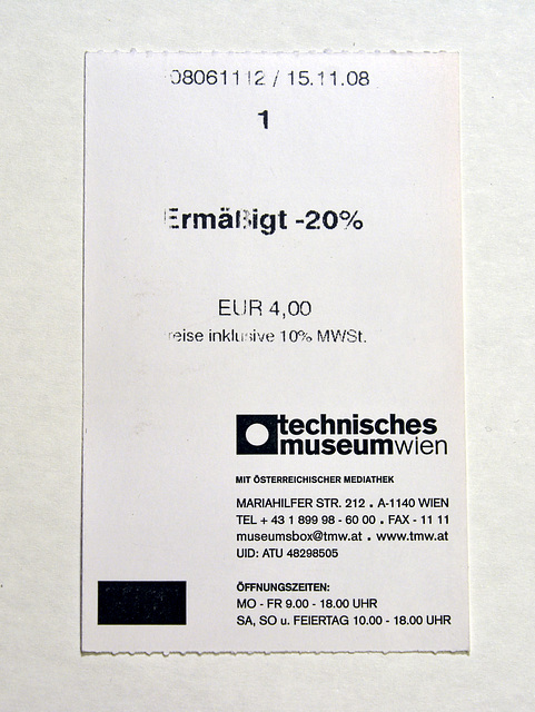 Ticket for the Technisches Museum in Vienna