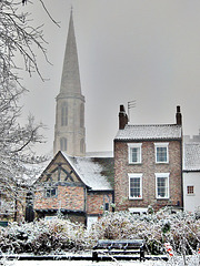 York winter scene, with spire of All Saints Church