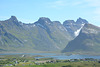 Norway, Lofoten Islands, Mountains of the Island of Flakstadøya and the Road to the Ytresand Beach