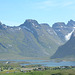 Norway, Lofoten Islands, Mountains of the Island of Flakstadøya and the Road to the Ytresand Beach