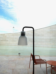 A seagull between two lamps (one indoor and other outdoor)