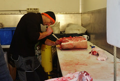 cutting up the meat