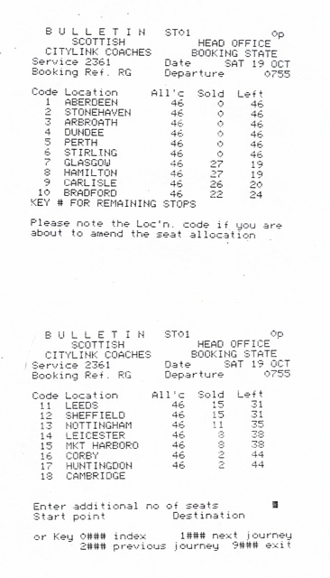 Scottish Citylink pick-up list Southbound service 236 19th October 1991