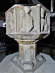 aldeburgh church, suffolk (24 the font is said to be earlier, but I reckon c15. damaged in 1643 by puritans, it is odd that one angel with passion symbols survived)