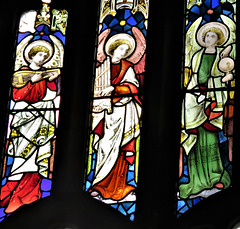 aldeburgh church, suffolk (70) c19 angel musicians in n.w. window, attrib. to ward and hughes ; lute, portative organ and tabor