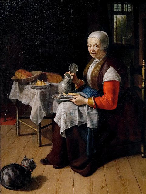 "Vieille femme mangeant avec son chat" (attribué à Matthÿs Naiveu)