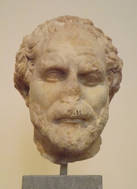 Portrait Head of Demosthenes from Athens in the National Archaeological Museum of Athens, May 2014