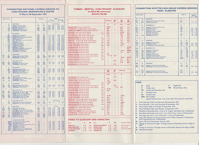 Glasgow-Paignton coach service timetable - Summer 1974