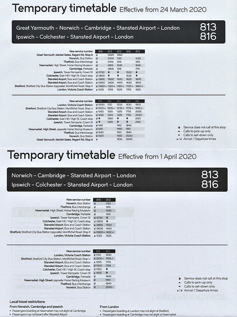 National Express Covid-19 temporary timetables for services 813 and 816