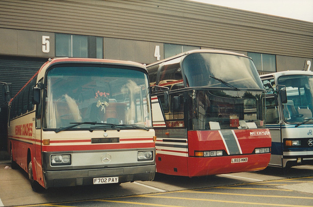 Pullmanor (Redwing Coaches) F702 PAY and Ebdon’s L955 MWB at RAF Mildenhall – 27 May 1995 (267-25A)