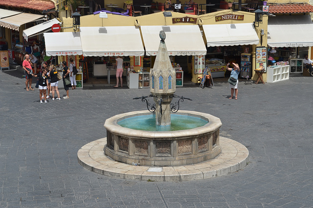 Castellania Fountain on Ippokratous Square in the Old Town of Rhodes