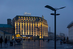 The five-star Fairmont Grand Hotel on a misty evening