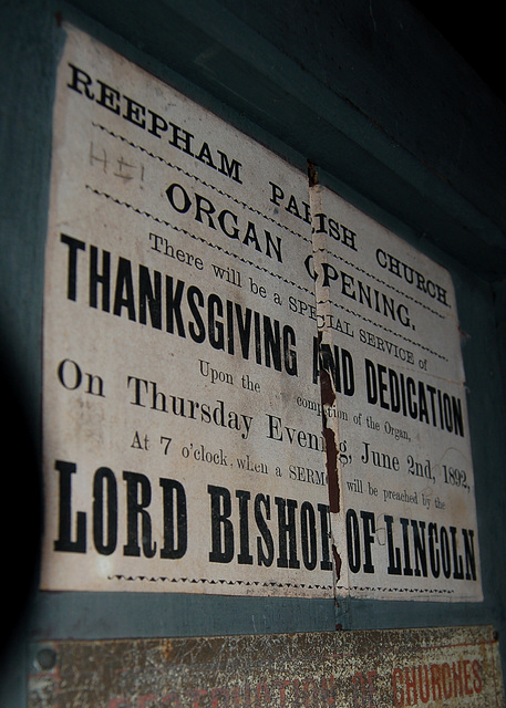 Victorian Poster on Back of the Organ, Reepham Church, Lincolnshire