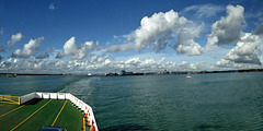 Panoramic view from the ferry looking back to Southampton