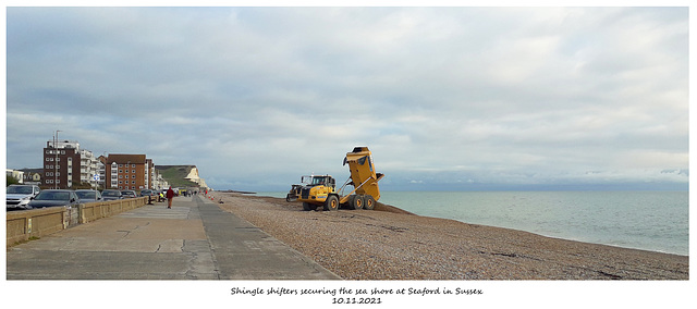 Shingle shifters securing the sea shore at Seaford in Sussex 10 11 2021
