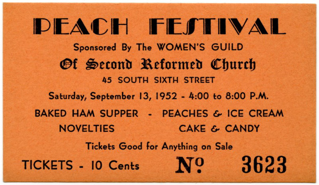Peach Festival Ticket, Second Reformed Church, Reading, Pa., Sept. 13, 1952