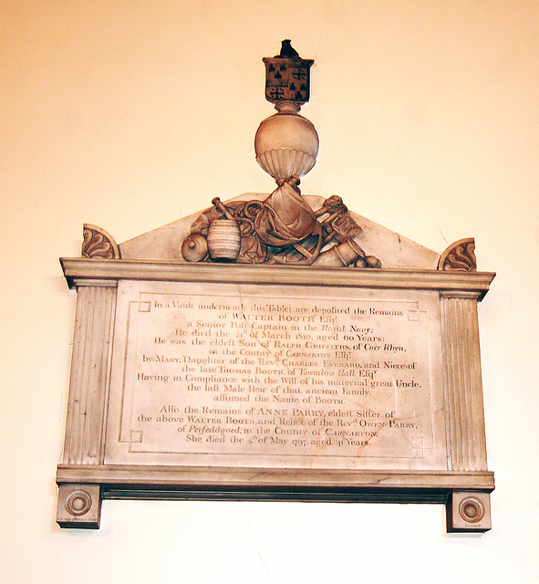 Memorial to Captain Walter Booth and Ann Parry, Goostrey Church, Cheshire
