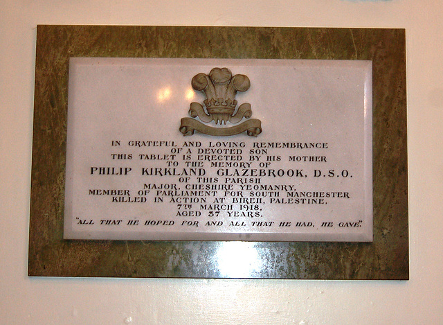 Memorial to Philip Kirkland Glazebrook DSO, Goostrey Church, Cheshire