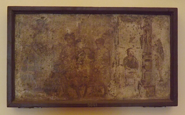 Wall Painting Fragment with the Selling of Shoes and a Scribe by an Equestrian Statue in the Naples Archaeological Museum, June 2013