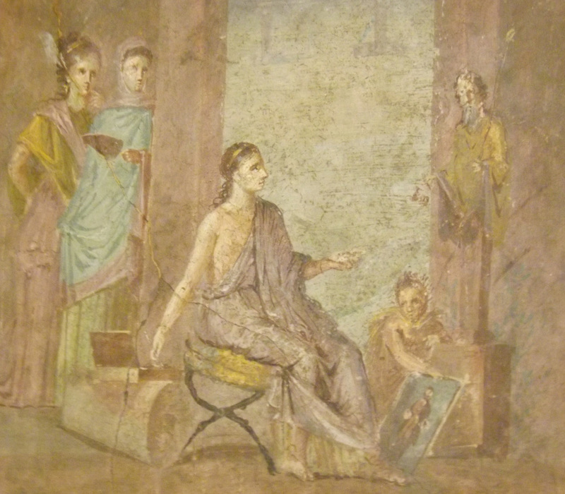 Detail of a Wall Painting with a Female Painter with a Finished Painting of Priapus from the House of the  Surgeon in Pompeii in the Naples Archaeological Museum, July 2012