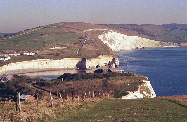 Looking eastward over Fort Redoubt and Freshwater Bay from the Tennyson Trail (scan from 1995)