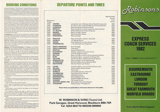 Robinson’s Holidays coach services leaflet Summer 1982 – side 1