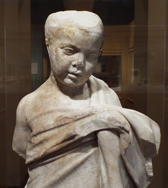 Detail of a Hellenistic Greek Statue of a Young Boy in the Virginia Museum of Fine Arts, June 2018