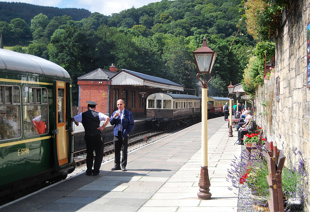 Llangollen Station, and benches occupied by 'people of the third age'