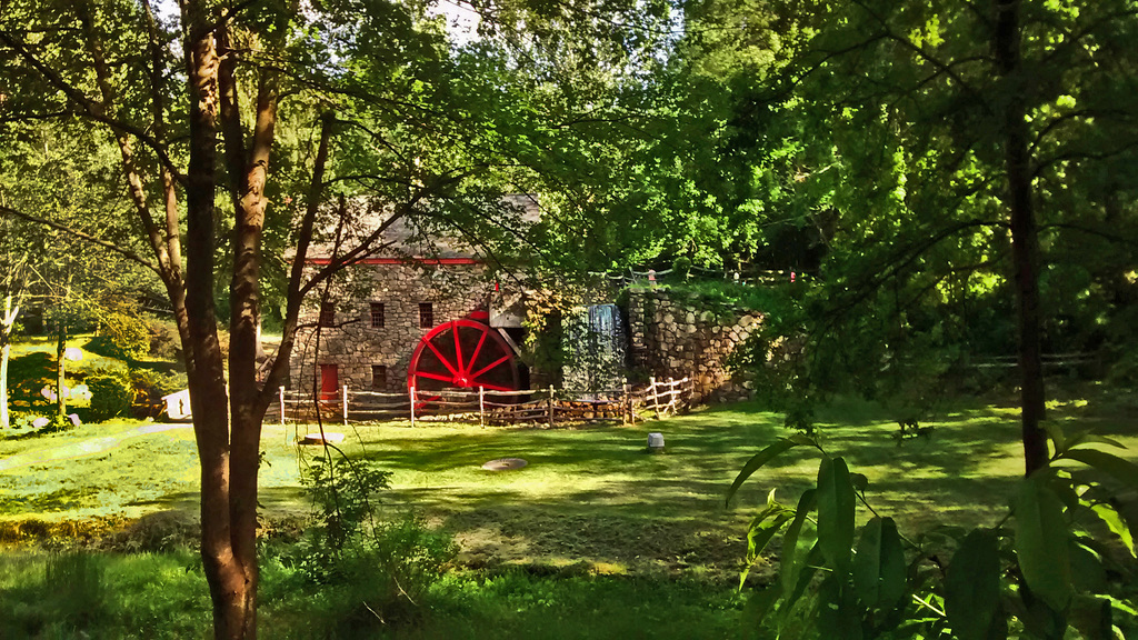The Wayside Grist mill, with its red water wheel