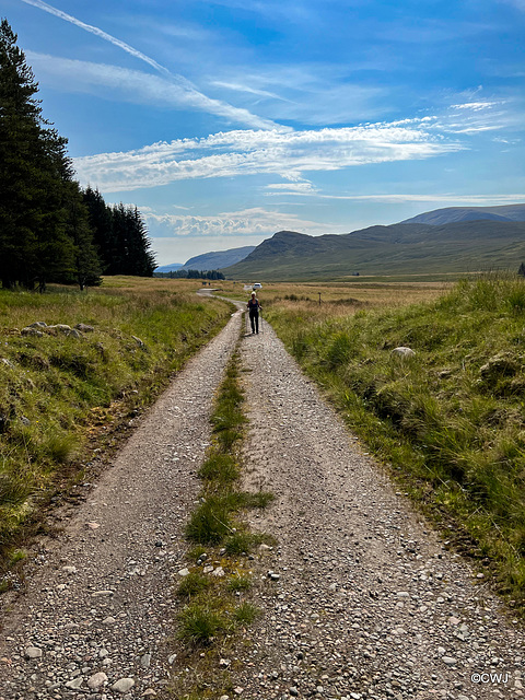 The track along the upper reaches of the Spey valley through the Monadhliath mountains