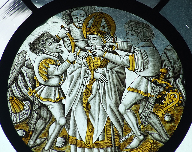 Detail of The Martyrdom of St. Leger Stained Glass Roundel in the Cloisters, June 2011