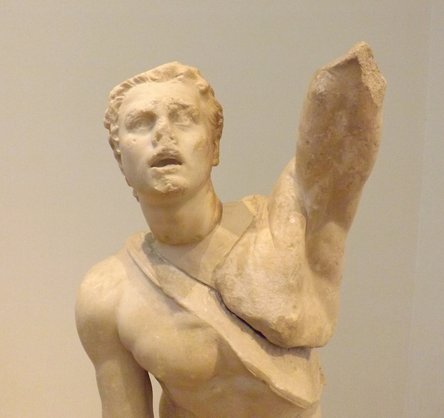 Detail of a Statue of a Fighting Gaul from the Agora of the Italians on Delos in the National Archaeological Museum of Athens, May 2014