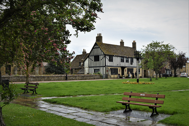 Benches outside Oliver Cromwell's house.