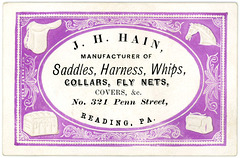 J. H. Hain, Manufacturer of Saddles, Harness, Whips, Reading, Pa.