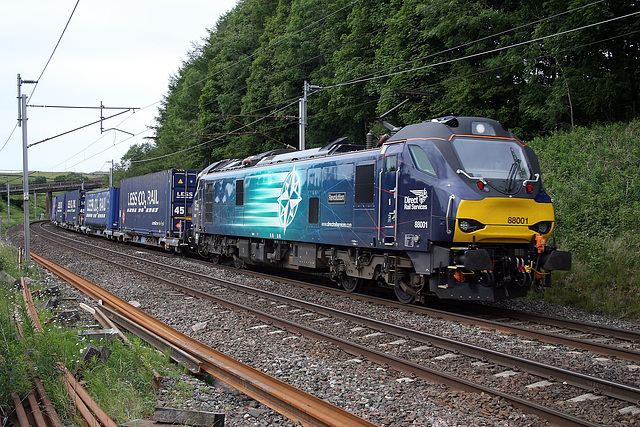 DRS class 88 No.88001 REVOLUTION with 4S43 06.40 Daventry - Mossend  Tesco train at Beckfoot  23rd June 2018